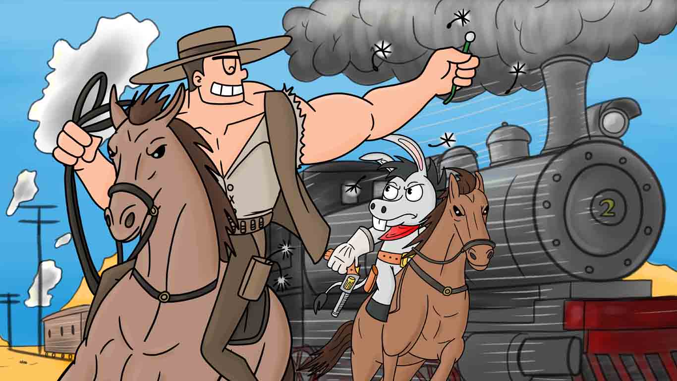 Cartoon man and donkey riding a horse with a train in the background