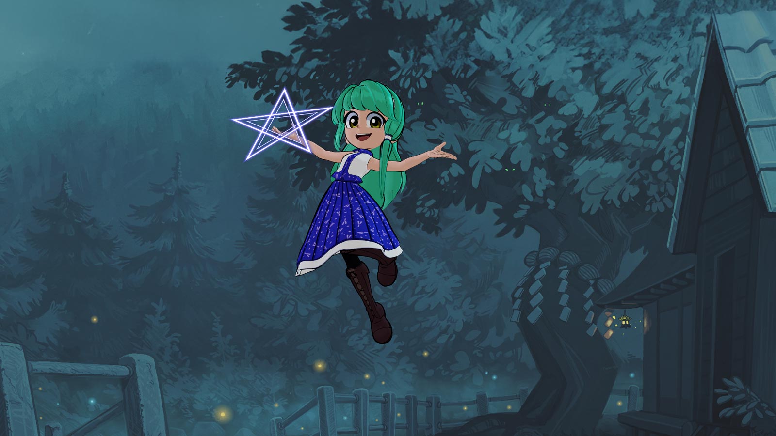 mage flying in the sky, holding a star